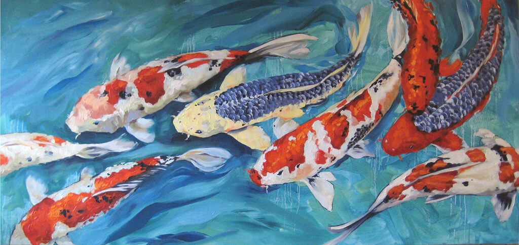 Multiple orange, white and black colored koi fish oil painting on canvas