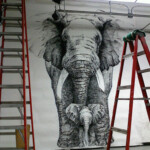 Life-size African elephant with calf, charcoal drawing, approximately 14' tall