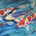 Multiple orange, white and black colored koi fish oil painting on canvas